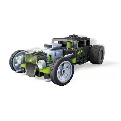 Modelo miniatura de carro hot rod preto e verde com motor exposto