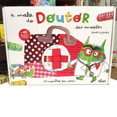 Caixa de jogo educativo a mala do Doutor das emoções com ilustrações coloridas de mala médica e personagem verde com bata branca