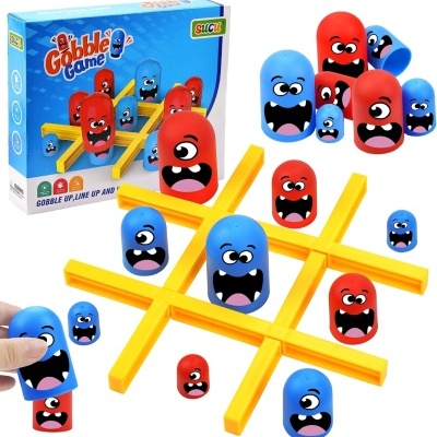 Jogo de tabuleiro Gobble Game com peças vermelhas e azuis e suporte amarelo