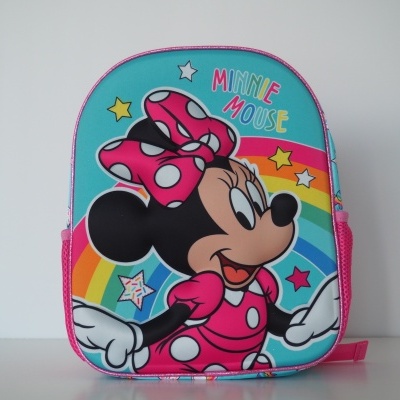 Mochila infantil azul com estampa da Minnie Mouse em rosa e branco