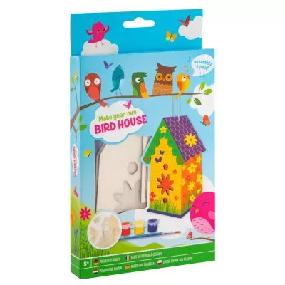Kit para construir e pintar uma casinha de pássaros em madeira, embalagem colorida com pássaros e flores