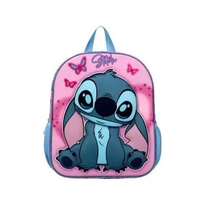 Mochila infantil com estampa do Stitch e borboletas cor-de-rosa