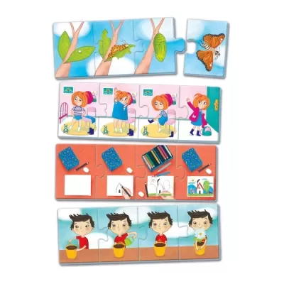 Quatro puzzles infantis coloridos mostrando fases da metamorfose e crianças a desenhar.