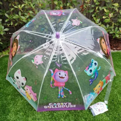 Guarda-chuva transparente para crianças com personagens coloridos e texto Gabbys Dollhouse