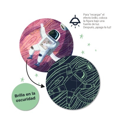 Ilustração de astronauta que brilha no escuro em duas versões, colorida e contorno verde, com texto instrutivo em espanhol.