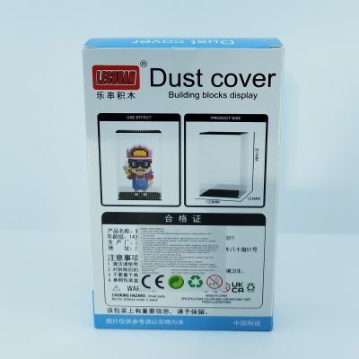 Embalagem azul e branca para capa anti-poeira para blocos de construção com texto e imagens instrutivas.