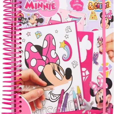 Livro de atividades stencil Disney Junior Minnie com capa rosa e desenhos de Minnie Mouse