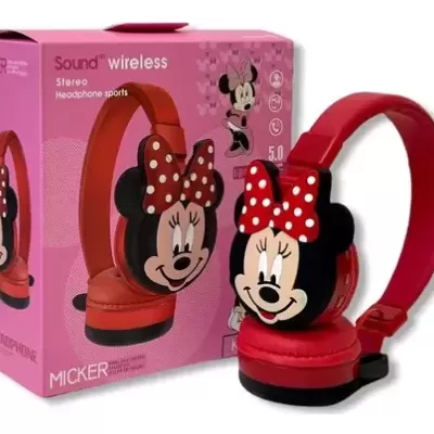 Auriculares wireless vermelhos com design da Minnie e embalagem cor-de-rosa