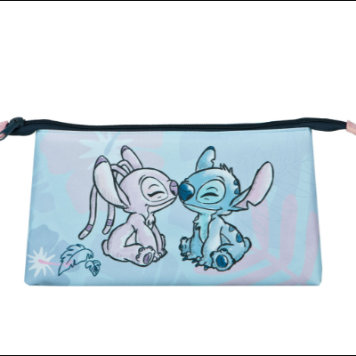 Estojo escolar retangular azul claro com personagens Stitch e outro da Disney