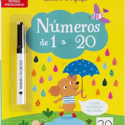 Livro infantil 'O Meu Primeiro Escreve e Apaga Números de 1 a 20' com cão e guarda-chuva azul.