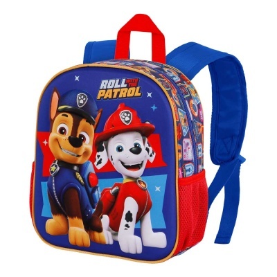Mochila infantil azul com personagens Paw Patrol e texto Roll with the Patrol