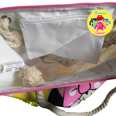 Bolsa de praia com alças de corda e bolso interior de fecho branco