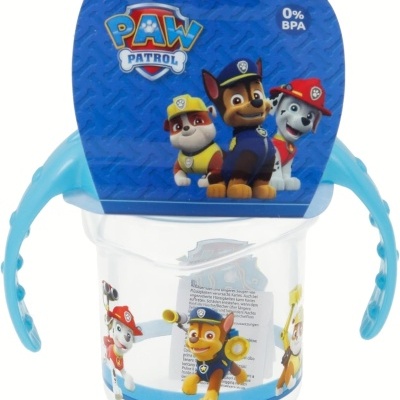Copo infantil transparente com pega azul e imagens da Patrulha Pata