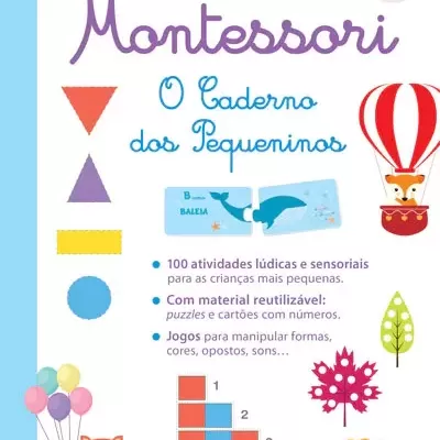 Capa de livro Montessori com ilustrações coloridas e texto em português