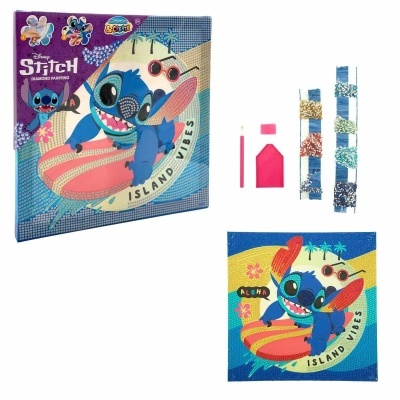 Conjunto Disney Stitch para fazer pulseiras com fios coloridos e imagem de Stitch em prancha de surf
