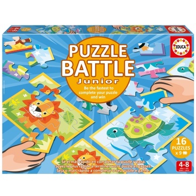 Caixa de puzzle infantil PUZZLE BATTLE com desenhos de animais e 16 puzzles de 9 peças cada