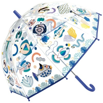 Guarda-chuva transparente com padrão colorido de peixes e elementos marinhos