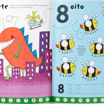 Páginas de livro infantil com números 7 e 8, ilustrações de dinossauro e abelhas para aprender a contar