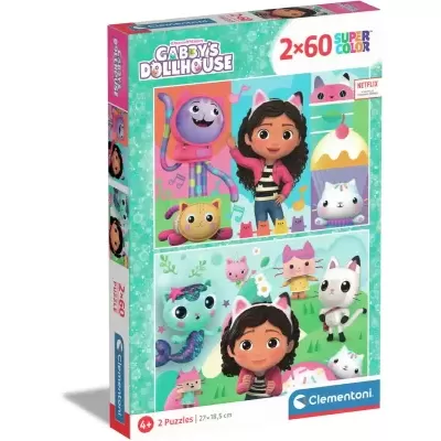 Embalagem de puzzles com personagens animados coloridos e fundo verde decorado