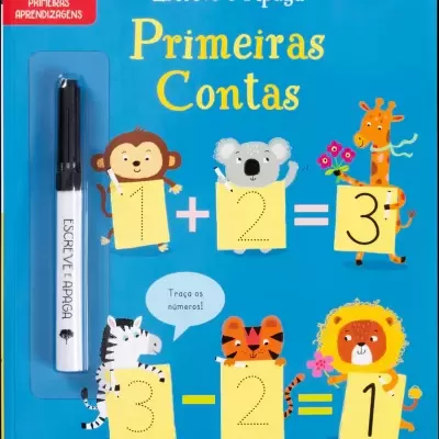Livro educativo infantil azul com caneta e ilustrações de animais e números