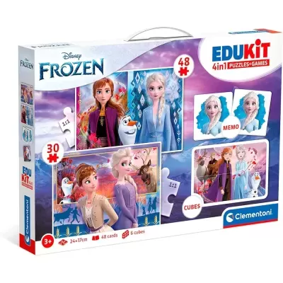 Caixa do jogo Edukit 4in1 Puzzles+Games Frozen da Clementoni com imagens dos personagens Anna, Elsa, Olaf e Sven
