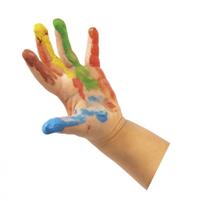 Mão humana com tinta colorida nos dedos