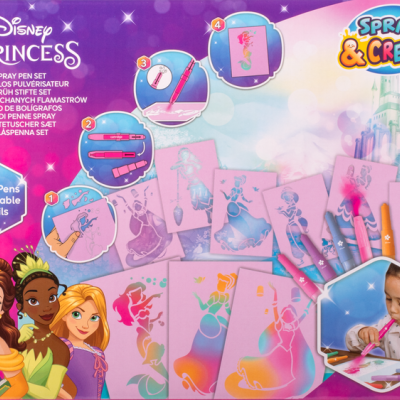 Conjunto Spray Pen Set Disney Princess com canetas spray coloridas e estênceis de princesa