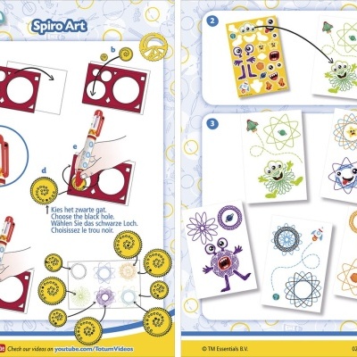 Conjunto Totum Spiro Art com peças vermelhas, discos amarelos de padrões e cartões ilustrados para desenhos geométricos