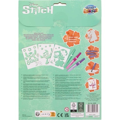 Embalagem traseira verde água do conjunto Disney Stitch Spray & Create com instruções e imagens de stencil e marcadores coloridos.