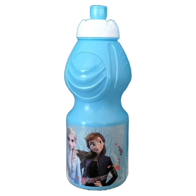 Garrafa de plástico azul com imagem dos personagens Elsa e Anna do filme Frozen