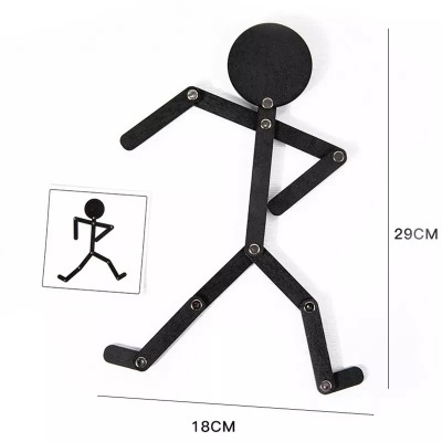 Figura articulada stickman preta com juntas metálicas sobre fundo branco