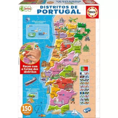 Puzzle distritos de Portugal educativo com 150 peças coloridas e ilustradas