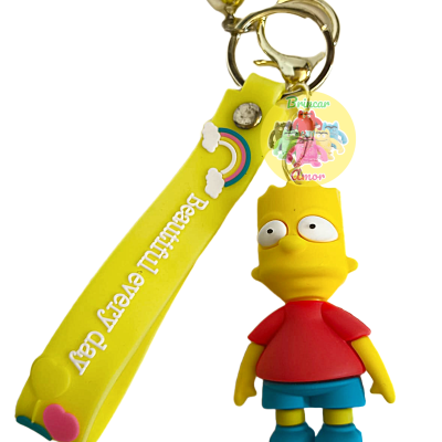 Chaveiro silicone Bart Simpson amarelo e tira amarela com texto e arco-íris