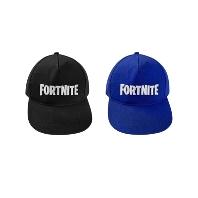 Chapéus preto e azul com o texto FORTNITE branco