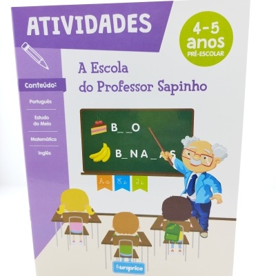 Livro de atividades para crianças com texto e ilustração de professor e alunos numa sala de aula
