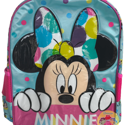 Mochila azul turquesa com imagem de Minnie e texto 'MINNIE'