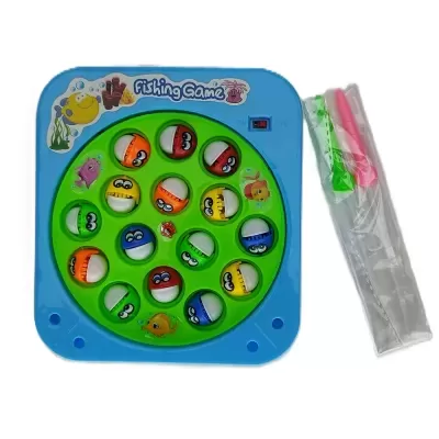 Jogo infantil de pesca em plástico azul e verde com peixes coloridos e varinhas de pesca rosa e verde embaladas.