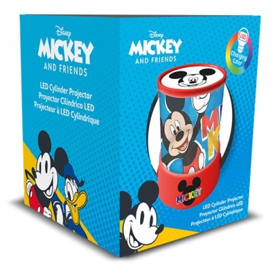 Caixa azul com projetor cilíndrico vermelho Disney Mickey and Friends com imagem do Mickey