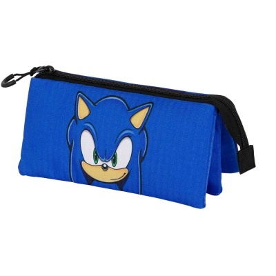 Estojo de tecido azul com fecho preto e estampa do Sonic