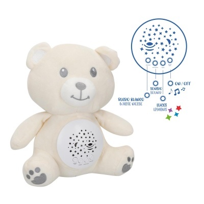 Urso de peluche bege com barriga branca e estrelas estampadas, com funções de luzes e sons