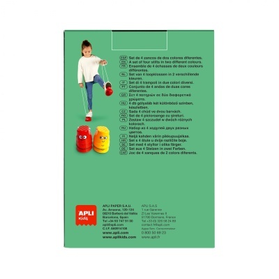 Embalagem set 4 zaras vermelhas e amarelas com olhos, fundo verde, texto multilíngue e logo APLI kids