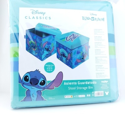 Banco de arrumação azul com personagem Stitch da Disney embalado