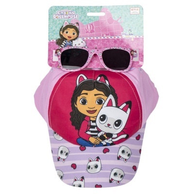 Chapéu infantil rosa com visor e óculos de sol, estampado com menina e cão, fundo listrado lilás e desenhos de cães
