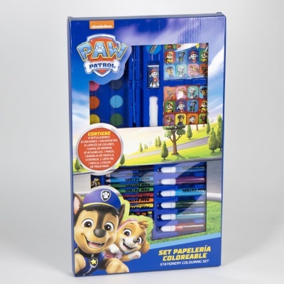 Set papelaria colorida PAW Patrol com várias canetas, lápis, aquarelas, pincel e autocolantes em embalagem azul