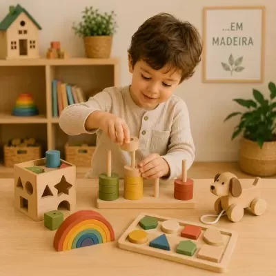 Criança a brincar com brinquedos de madeira colorida em ambiente interior com plantas.