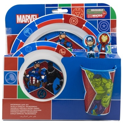 Conjunto de loiça Marvel com personagens Avengers em embalagem azul e vermelha