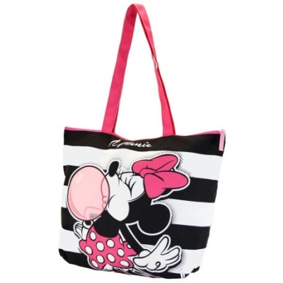 Saco de tecido com padrão de riscas pretas e brancas e desenho de Minnie Mouse cor-de-rosa