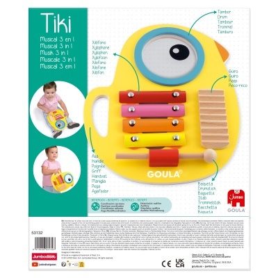 Instrumento musical infantil em madeira amarelo com xilofone e tambor