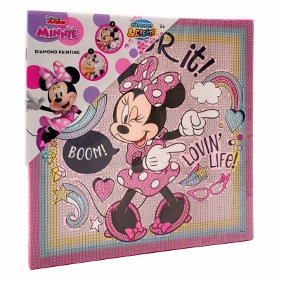 Caixa de pintura diamante Disney Minnie Mouse rosa com textos e decoração colorida