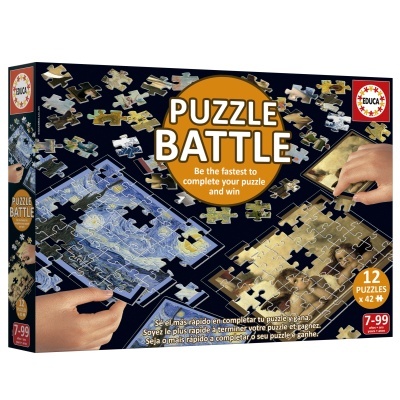Jogo PUZZLE BATTLE em caixa preta com 12 puzzles, idade 7-99 anos